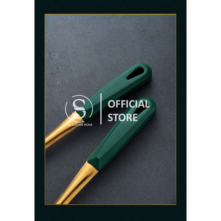 Muôi Vá Múc Canh Vàng Inox 304 Muỗng Múc Cơm Cao Cấp Cán Xanh Lá