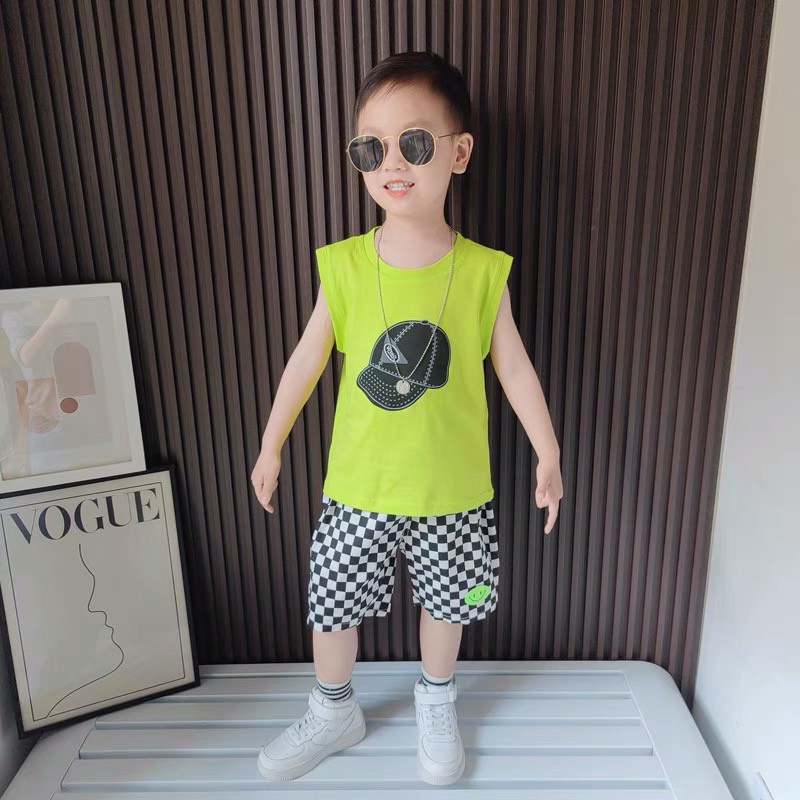 Bộ quần áo bé trai Con Xinh cotton sát nách hình in Nón COOL, thười trang mùa hè dành cho trẻ em từ 4 đến 10 tuổi