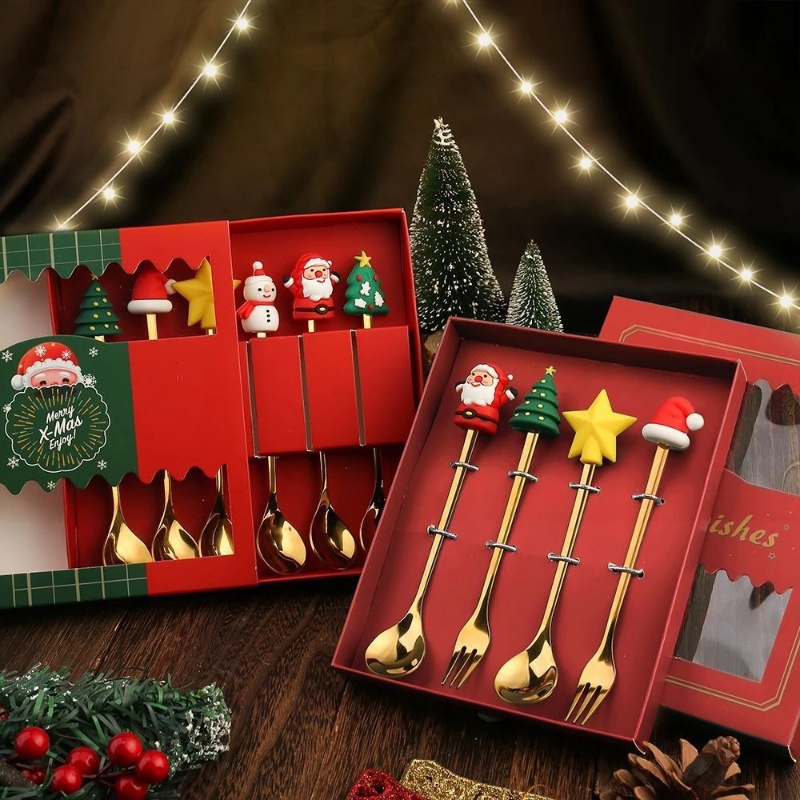 Set 2 Món Muỗng Nĩa / Nĩa / Tráng Miệng Hình Ông Già Noel Tuần Lộc Hoạt Hình Bằng Thép Không Gỉ Kèm Hộp Đựng