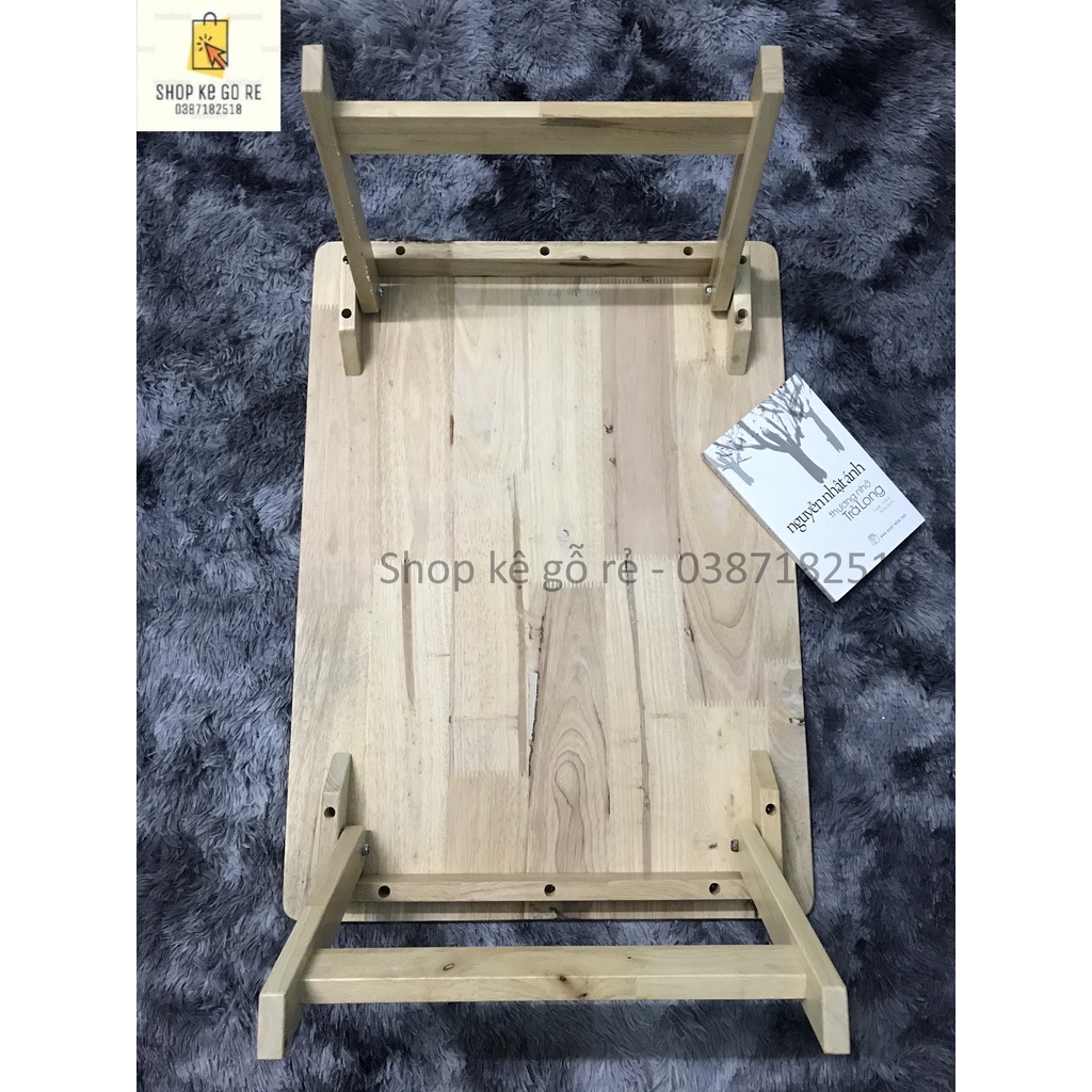 Bàn thấp bằng gỗ cao su với chân thang gấp gọn kích thước 50cm x 70cm, có video thực tế, ảnh thật