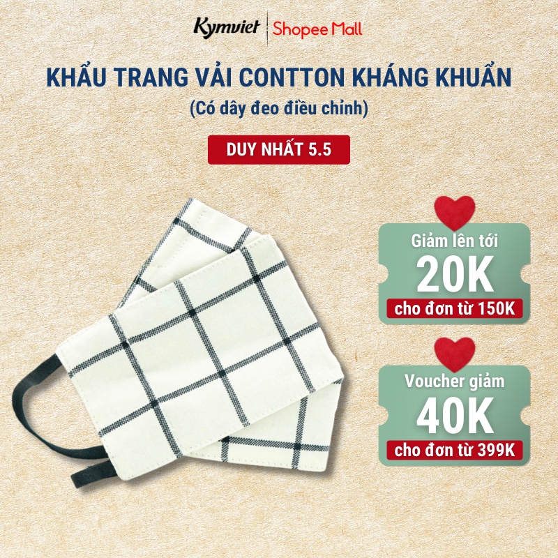 Khẩu Trang Vải Cotton 3 Lớp KYMVIET Kháng Khuẩn, 100% Sợi Tự Nhiên Mềm Mịn Cho Da, Có Dây Đeo Điều Chỉnh