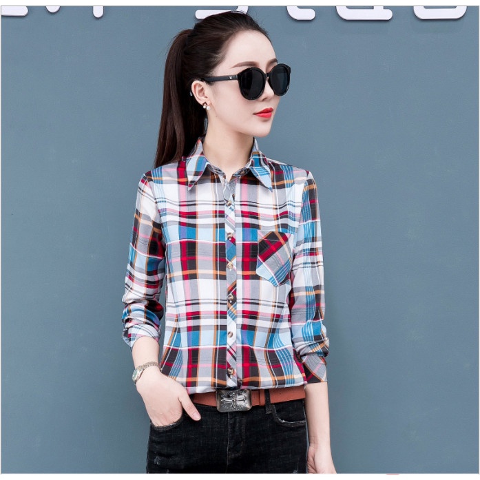 Áo Sơ Mi Nữ Kẻ Caro xanh, Áo Nữ Công Sở Dài Tay Dáng Đẹp Kiểu Hàn Quốc SM01