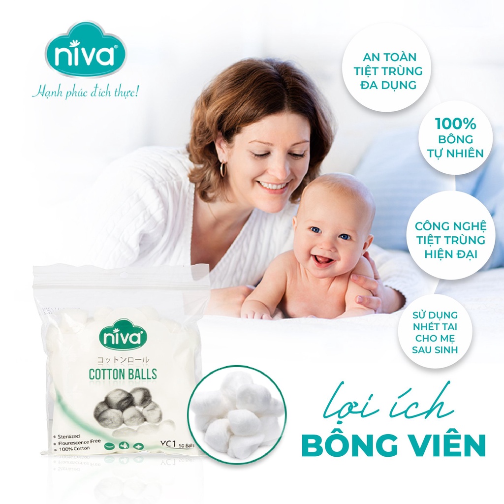 Combo 5 Gói 50 Bông Gòn Viên Tròn Y Tế NIVA Yc1 Đường Kính 16mm Nhét Tai Cho Phụ Nữ Sau Sinh
