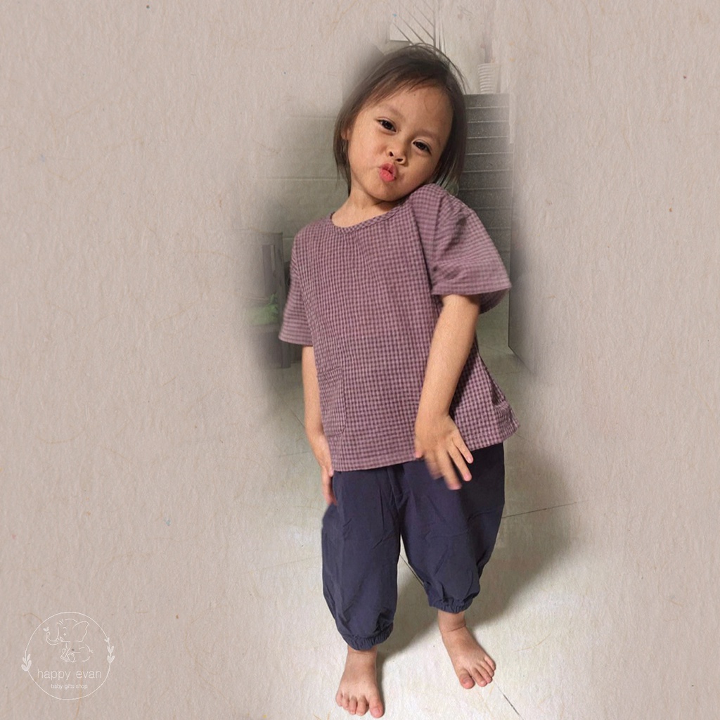 [Happy Evan] Set áo caro vải hemp + quần harem phong cách Nhật, vô cùng nhẹ nhàng, thoáng mát, cá tính cho bé đi chơi.