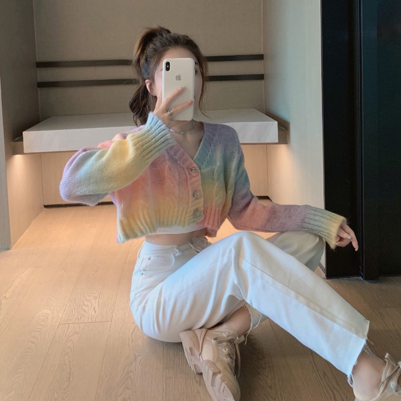 Áo khoác cardigan cổ chữ V dáng rộng màu cầu vồng thời trang Hàn Quốc | BigBuy360 - bigbuy360.vn