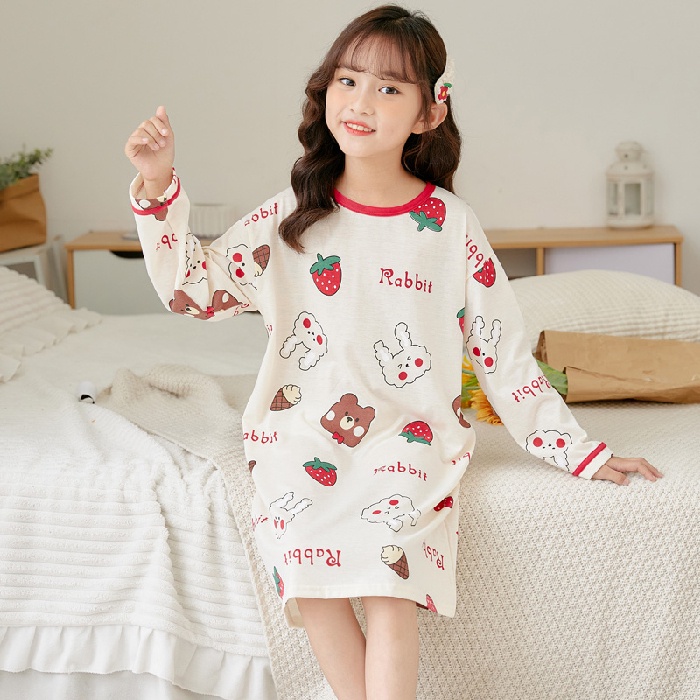 Đầm Ngủ Cotton Tay Dài Dễ Thương Cho Bé Gái