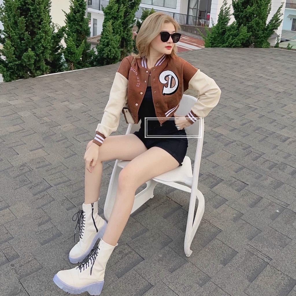 Áo Khoác Bomber Nữ Kiểu Croptop Thêu Chữ D Nổi Bật Thời Trang