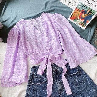ÁO TÍM CROPTOP ĐẮP CHÉO CỔ BÈO