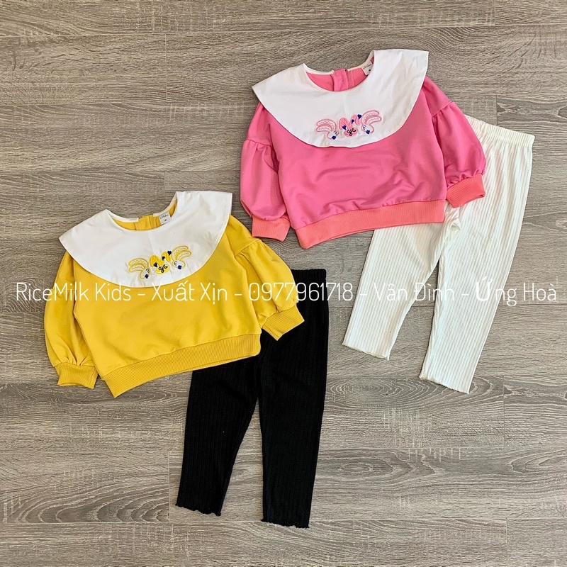 Bộ Nỉ da cá cổ trắng thêu thỏ xuất Hàn cho bé gái