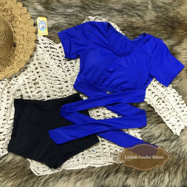 Bikini tay lửng cột nơ quần cạp cao