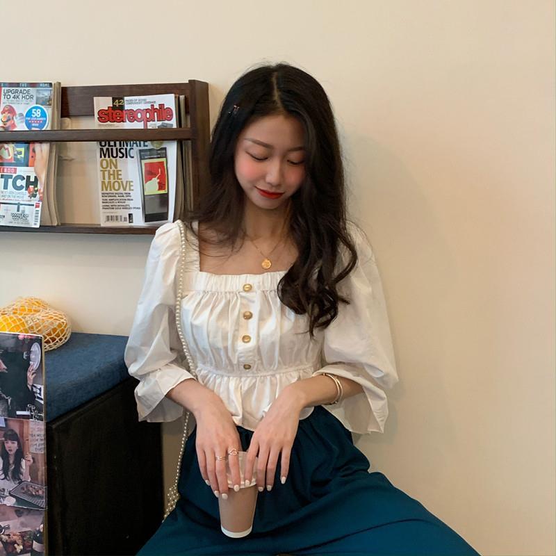 Áo sơ mi tay dài cổ vuông dáng ôm phong cách Pháp thời trang cho nữ | BigBuy360 - bigbuy360.vn