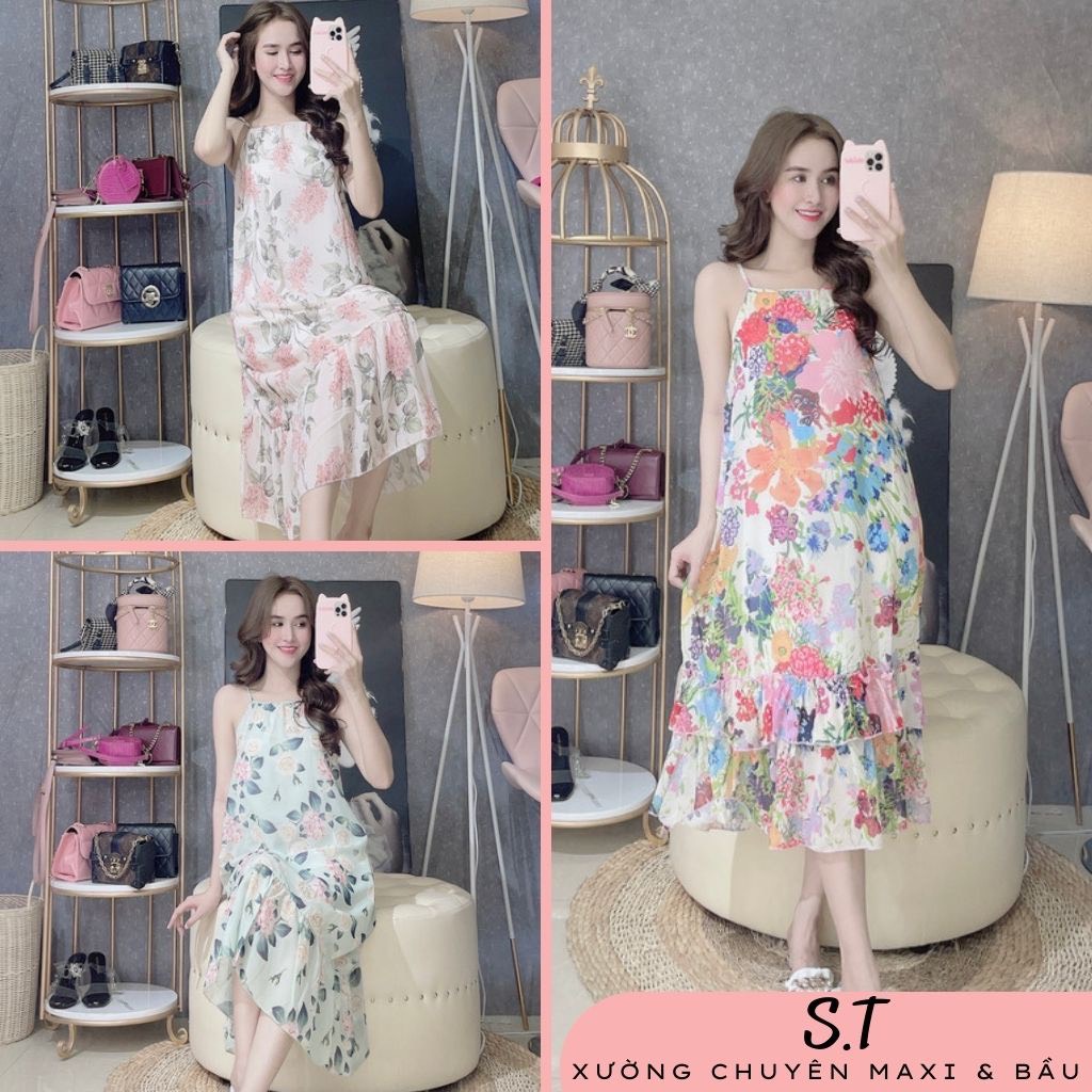 Váy bầu maxi thời trang đầm bầu chất voan lụa hai lớp mềm mịn có siZe đến 90kg đi chơi,du lịch cực xinh- xmay tkutrang