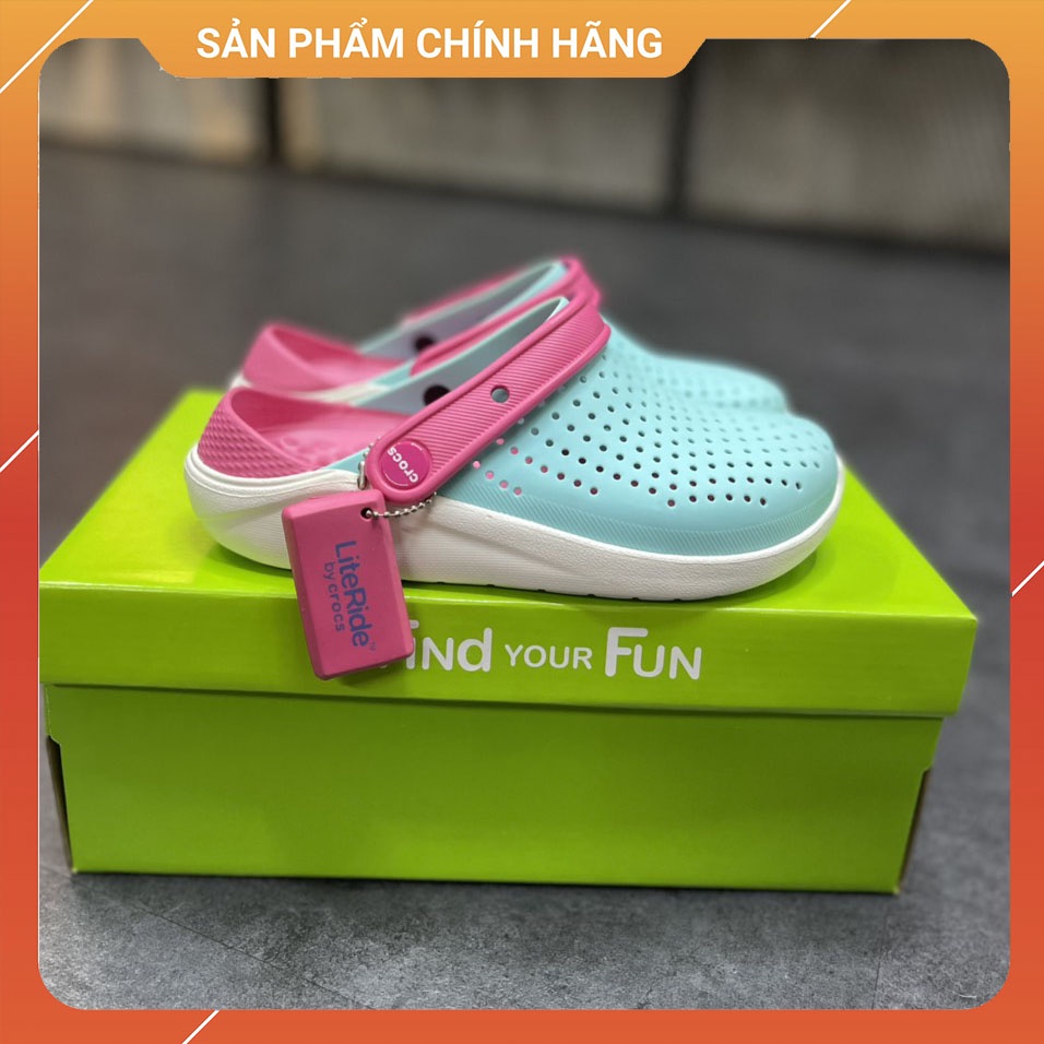 Giày Dép Sục Literide Clog Xanh Ngọc - Hồng Crocs Trẻ Em Chính Hãng Size 27 Đến 35 - Tặng 4 Jibbizt - Sấu Vui Vẻ