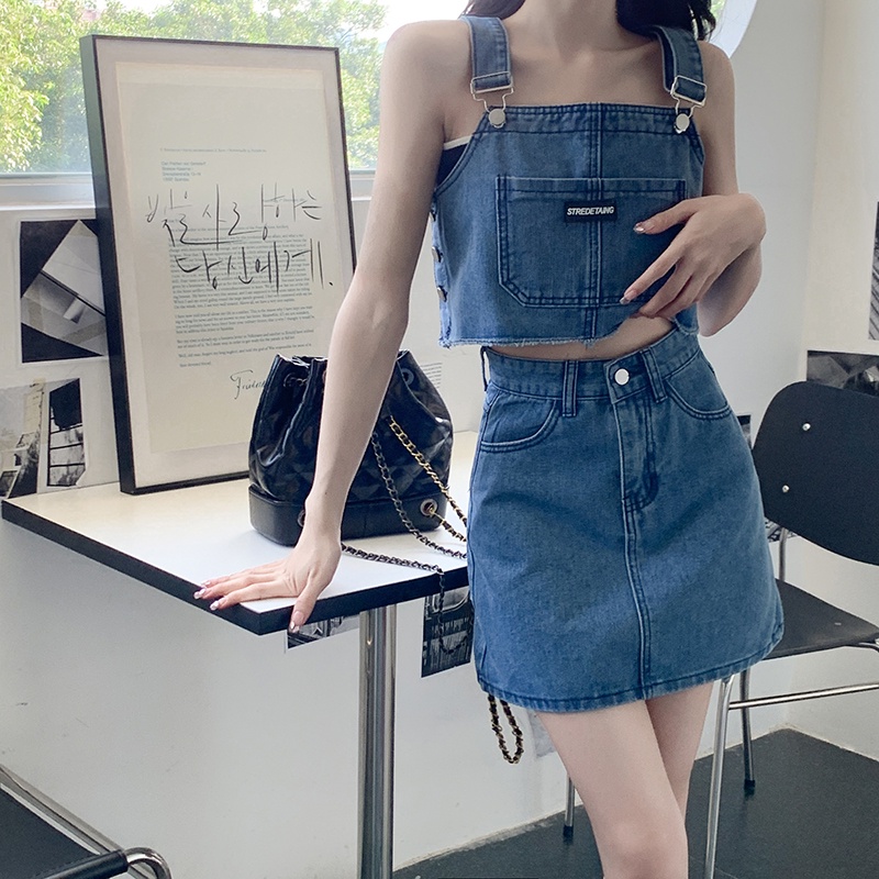 Set Áo Hai Dây + Chân váy jean Chữ A Lưng Cao Thời Trang Nữ