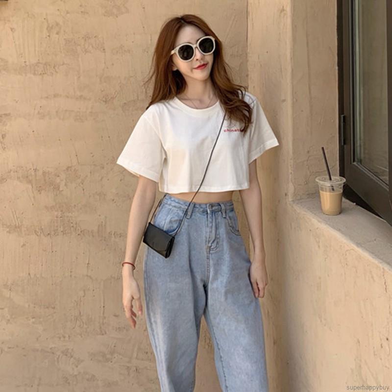 Áo croptop tay ngắn cổ tròn họa tiết chữ thời trang dành cho nữ