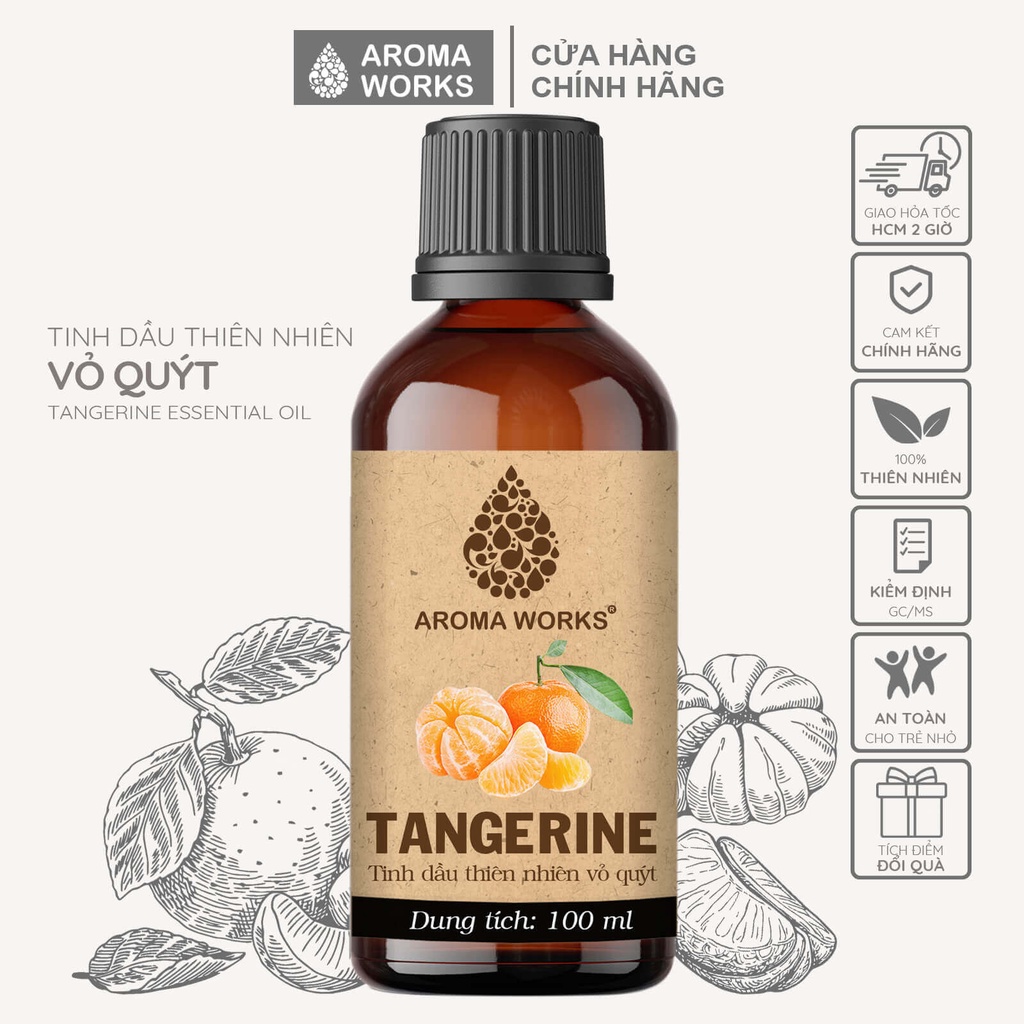 Tinh Dầu Quýt Aroma Works Thiên Nhiên Thơm Phòng, Khử Mùi, Giải Cảm, Đuổi Muỗi, Côn Trùng, Tăng Năng Lượng - Tangerine