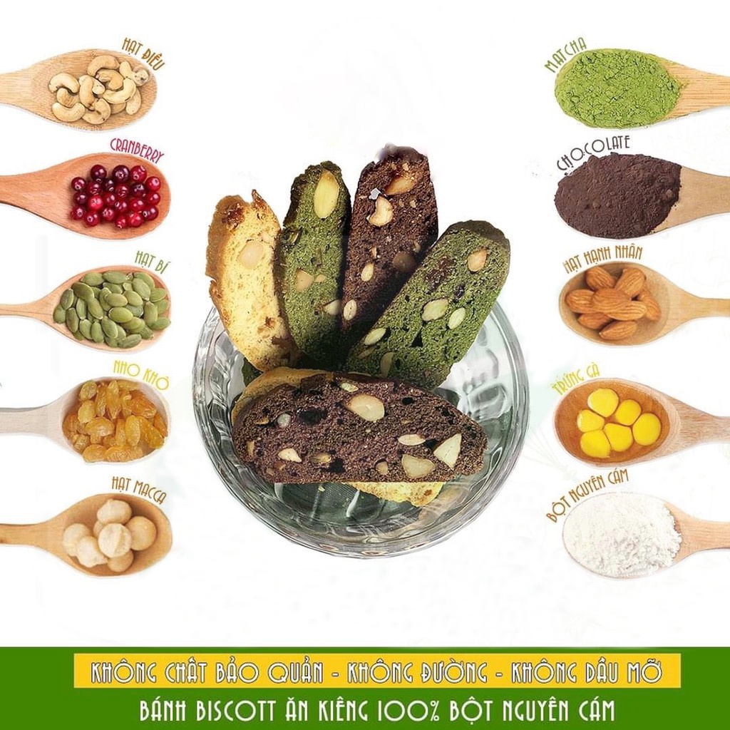 Bánh biscotti ăn kiêng mix 3 vị vani, matcha, chocolate không đường giành cho người ăn kiêng, giảm cân, tiểu đường