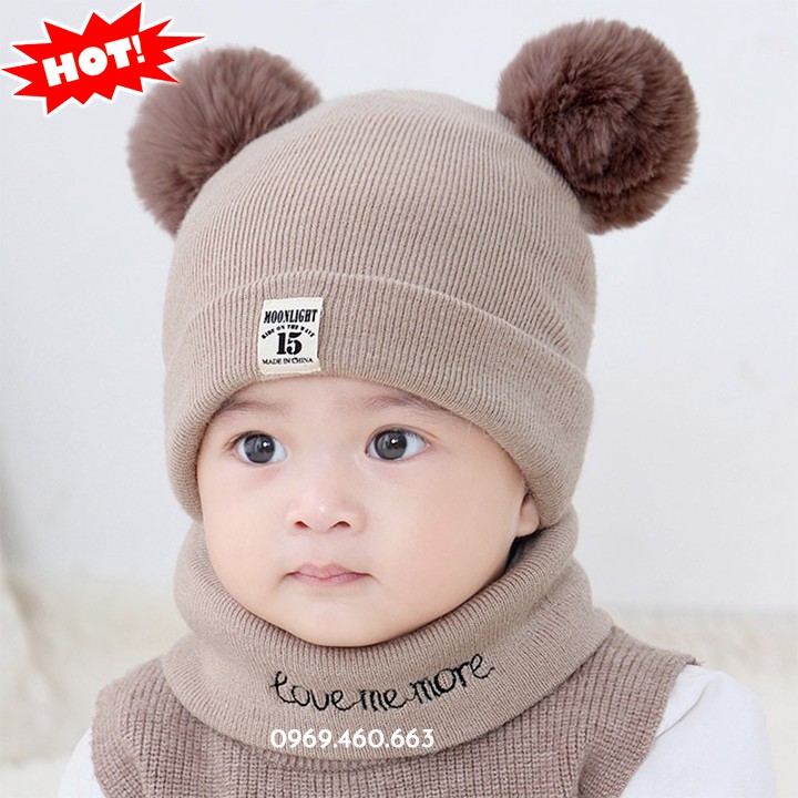 XẢ HÀNG Bộ Khăn Mũ Len Cho Bé Trai Bé Gái. Nón Len Hai Quả Bông + Khăn Cổ Siêu Xinh. Mũ Cho Bé từ 1 Tháng Đến 2 Tuổi