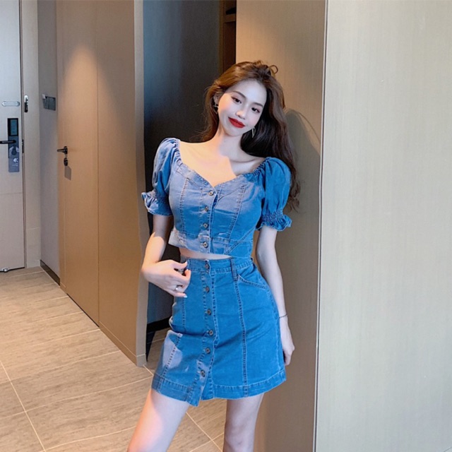 (Order 5-10days) Bigsize L-4XL Set rời áo cổ tim bẹt vai - chân váy denim