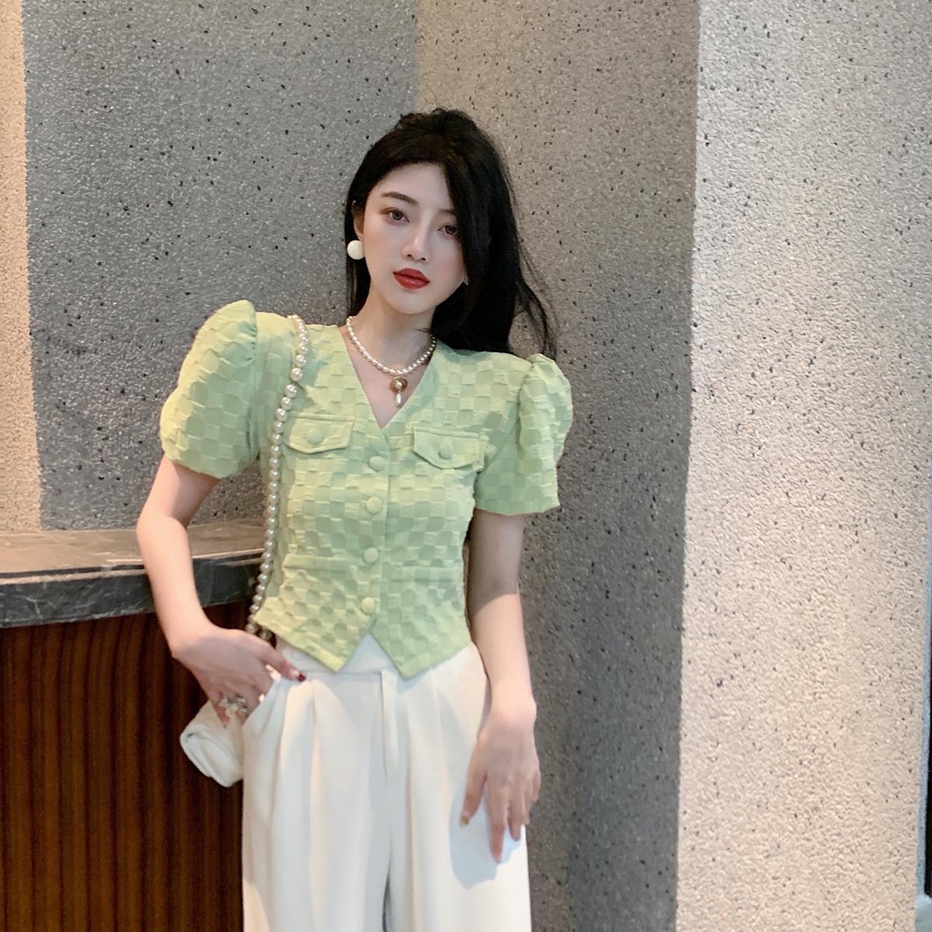 Áo Sơ Mi Tay Ngắn Cổ Chữ V Thời Trang Mùa Hè Phong Cách Pháp Hàng Mới Cho Nữ