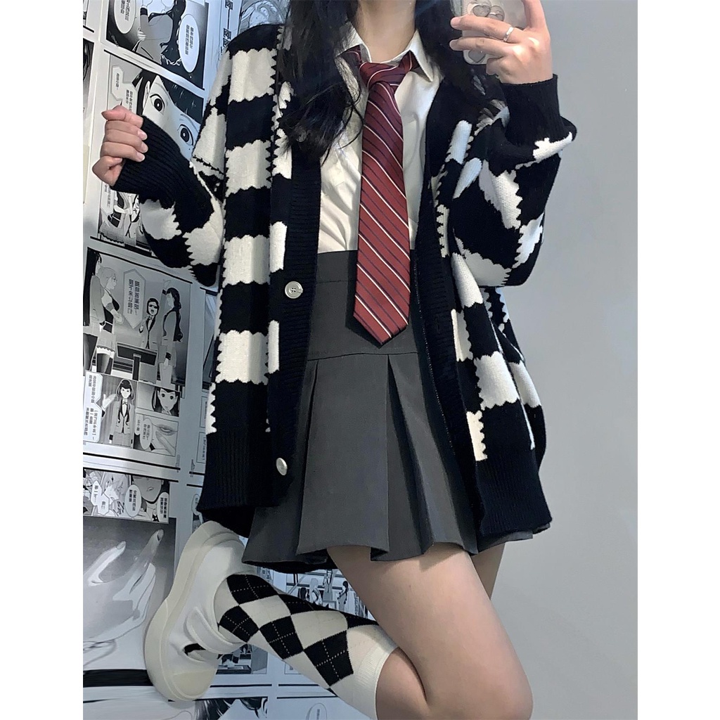 【ZHELIHANGFEI】Áo Khoác Cardigan Dệt Kim Tay Dài Cổ Chữ V Họa Tiết Sọc Caro