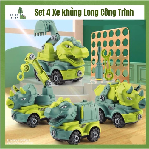 Đồ chơi xe khủng long công trình kèm tua vít và cờ lê, set 4 xe khủng long công trình khủng long xúc cát, khủng long cẩu
