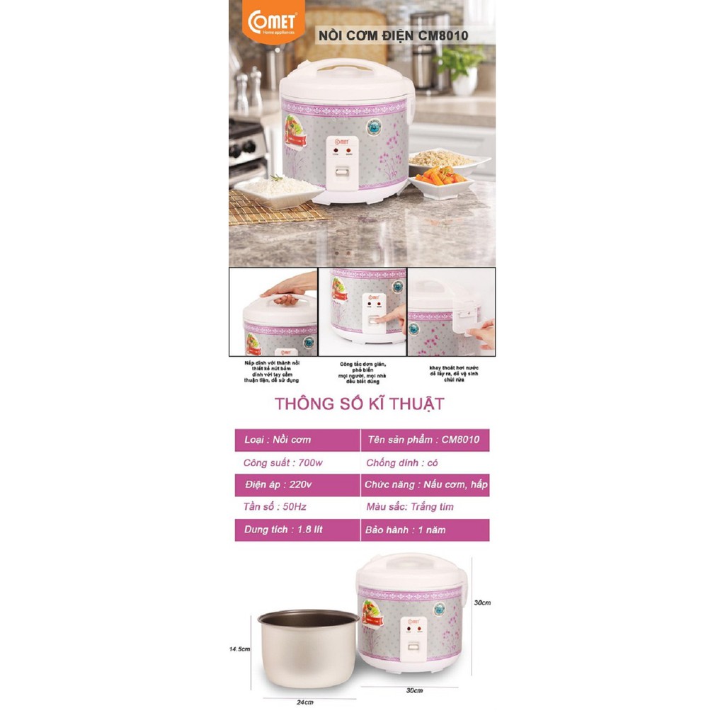 Nồi Cơm Điện Nắp Gài 1.8l - Chính Hãng Comet - Lòng Tráng Men Chống Dính | BigBuy360 - bigbuy360.vn