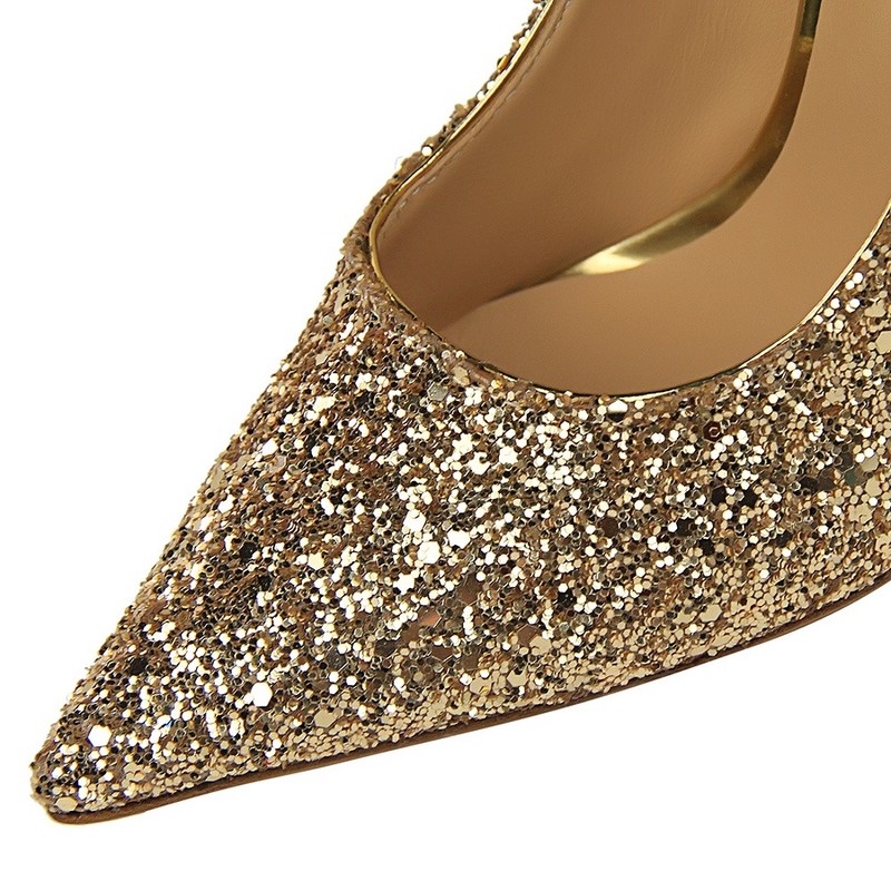 BIGTREE Giày Cao Gót 9.5cm Mũi Nhọn Miệng Nông Đính Kim Sa Lấp Lánh Màu Đỏ Quyến Rũ Cho Nữ  9219-1