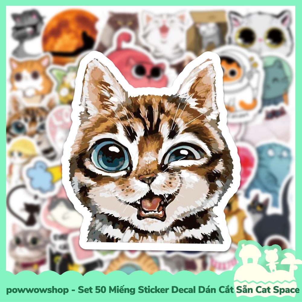 [Sẵn VN - Hỏa Tốc] Set 50 Miếng Sticker Decal Cắt Sẵn DIY Dán Trang Trí Vật Dụng Mẫu Cat Emotion Space Lovely