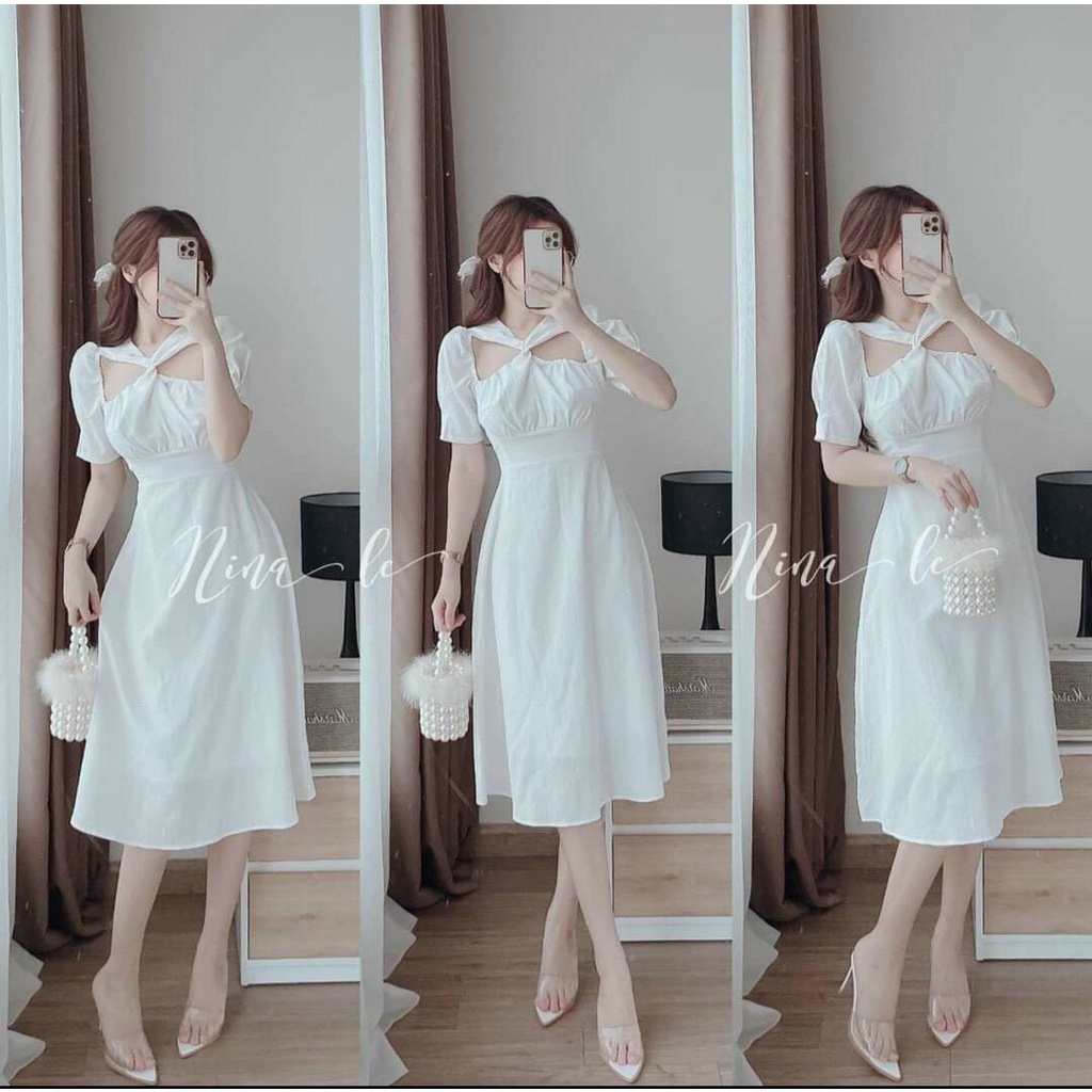 Đầm cổ chéo ngực tay phồng dáng dài ChemMix vải lụa cực xinh cho nàng đi biển, dự tiệc, dạo phố