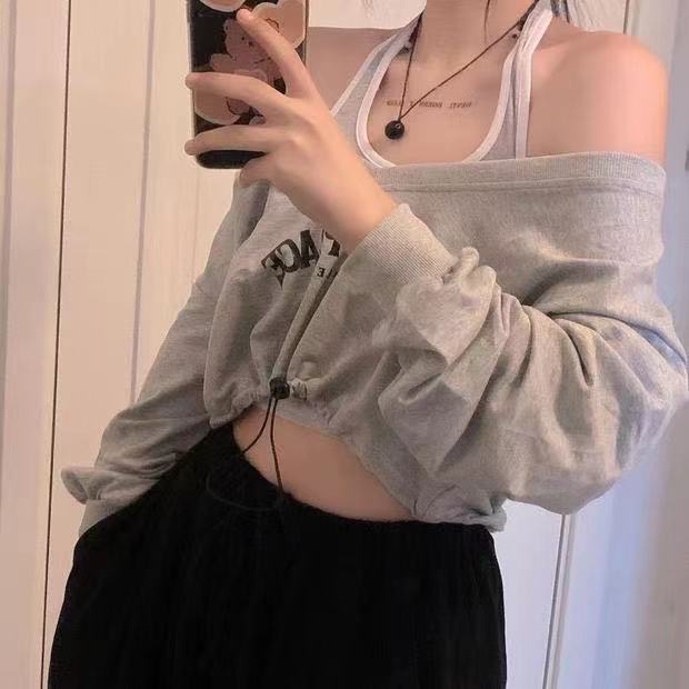 COZOK One set Áo Len Tay Dài Trễ Vai + Áo vest Tông Cộc Tay Cổ Cao Thời Trang Cho Nữ