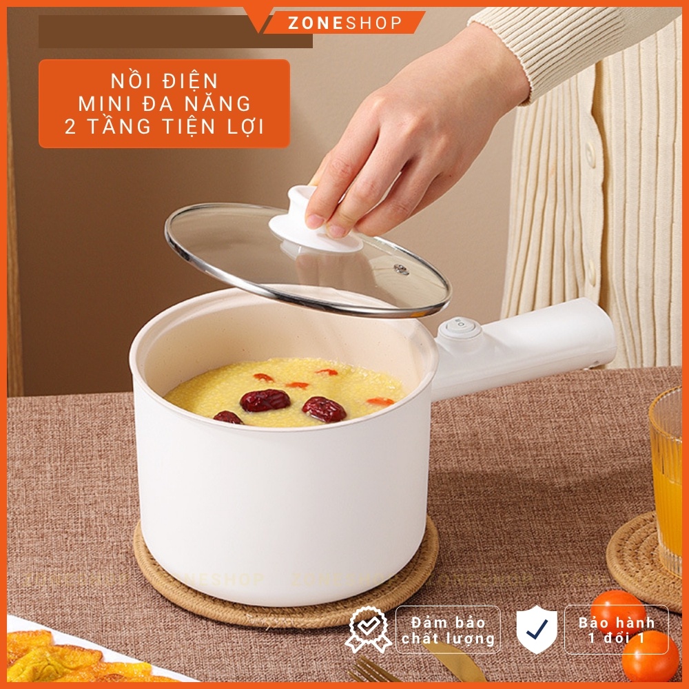 Nồi Nấu Lẩu Mini Cầm Tay, Nấu Cơm Đa Năng Có Tay Cầm, Lớp nồi tráng men 2L - 2 Nấc Nhiệt Kèm Giá Hấp [ZONESHOP]