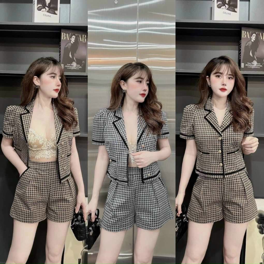 Set đồ nữ áo nút croptop phối viền tay ngắn kèm quần short đùi thích hợp để đi làm đi học đi chơi du lịch