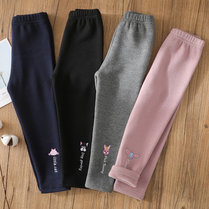 Quần legging nỉ lót lông cho bé gái từ 6-38kg mặc thu đông, hình thêu thú