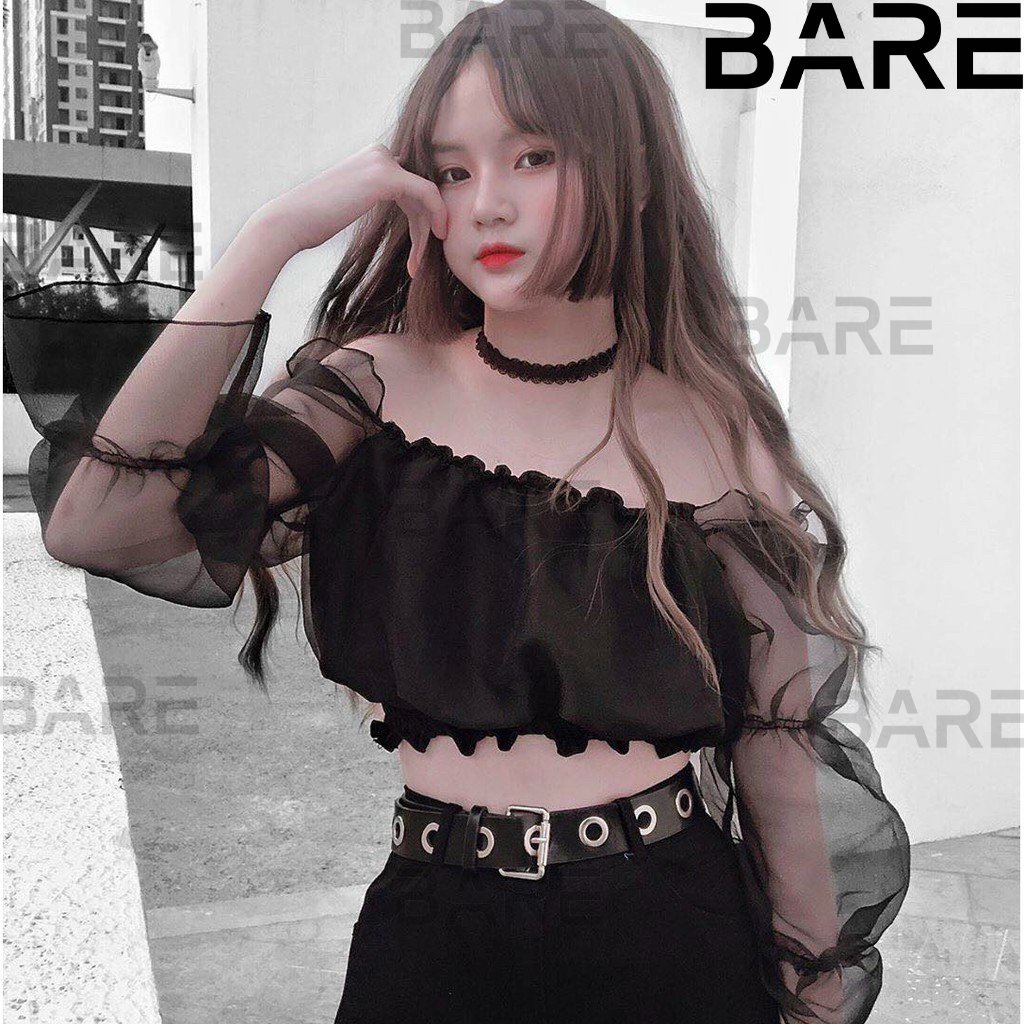 Áo trễ vai tay bồng nữ - áo bẹt vai nữ bo eo phối tay voan kiến -A0107 | BigBuy360 - bigbuy360.vn