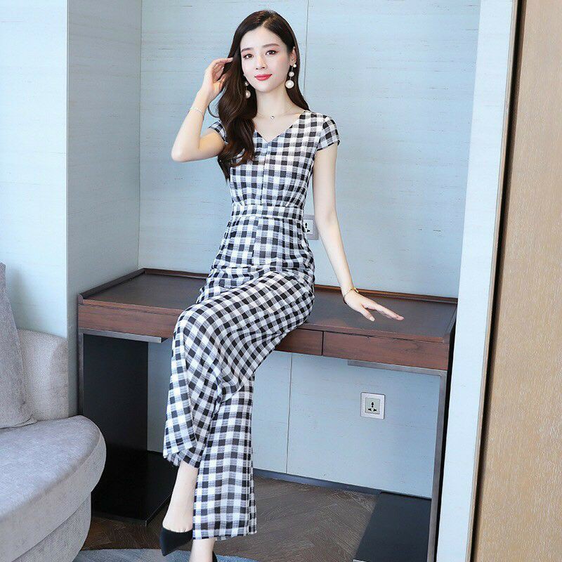 Jumpsuit Dài, Đồ Bay Caro Cổ V Tay Con, Vải Đũi Lụa Lót Thun Mát Mẻ, May Kĩ, Form Chuẩn