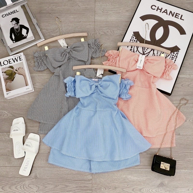 Sét Bộ Áo Trễ Vai Nơ Xốp Sọc, Sét Bộ Đi Chơi Dễ Thương Bigsize Quỳnh Anh Từ 50 kg Đến 100 kg M/L/XL/XXL