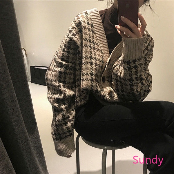 Áo khoác sweater dệt kim cổ chữ V phong cách Hàn Quốc retro cho nữ