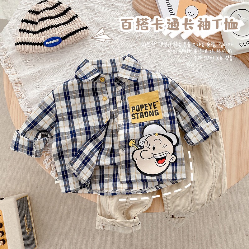 Áo sơ mi bé trai kẻ caro hoạt hình phong cách Hàn quốc, hàng cao cấp chống nhăn mềm mịn thoáng mát