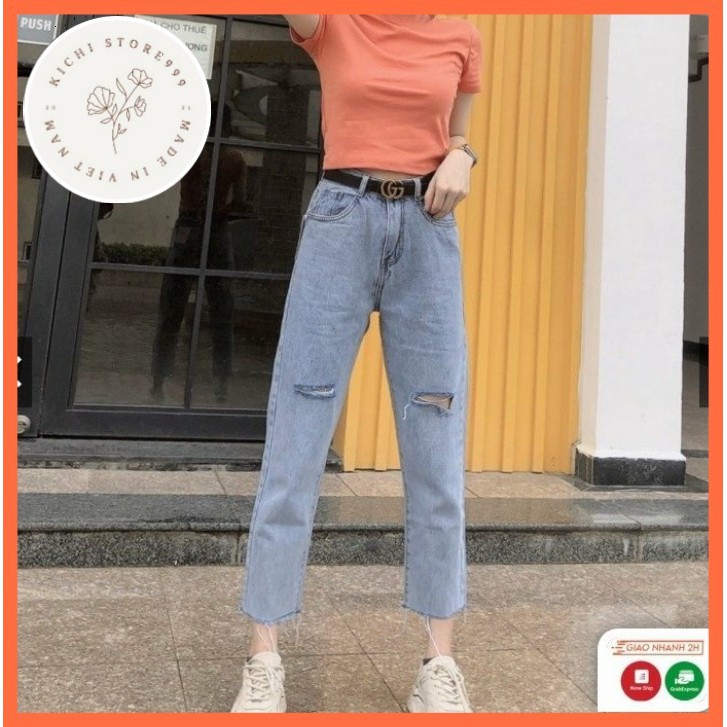 Quần Baggy Jeans rách gối ống suông thời trang nữ Kichistore , Quần Jean co giãn nhẹ M113