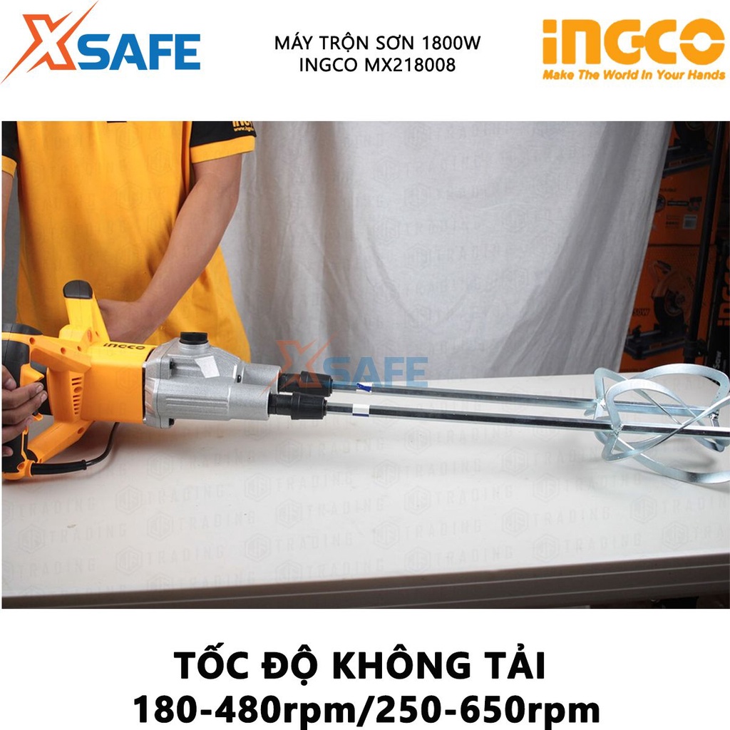 Máy trộn sơn INGCO MX218008 1800W tốc độ không tải 180-480rpm/250-650rpm, đầu nhôm, kèm 2 cần trộn