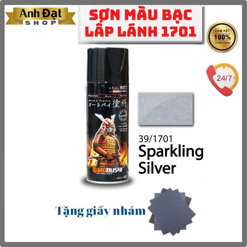 Sơn xịt samurai màu bạc lấp lánh 1701*, dung tích 400ml, có khả năng kháng xăng (A92, A95), chống rạn nứt, bình xịt