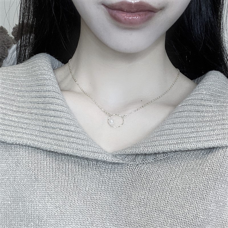 Dây chuyền nữ bạc ta hình vòng tròn sóng đính hạt trai, vòng cổ bạc cao cấp - Trang sức bạc Evasilver