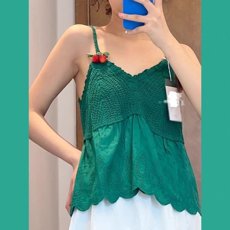 Áo Hai Dây Dệt Kim Họa Tiết Quả Anh Đào Nhỏ Thời Trang Mùa Hè Cho Nữ