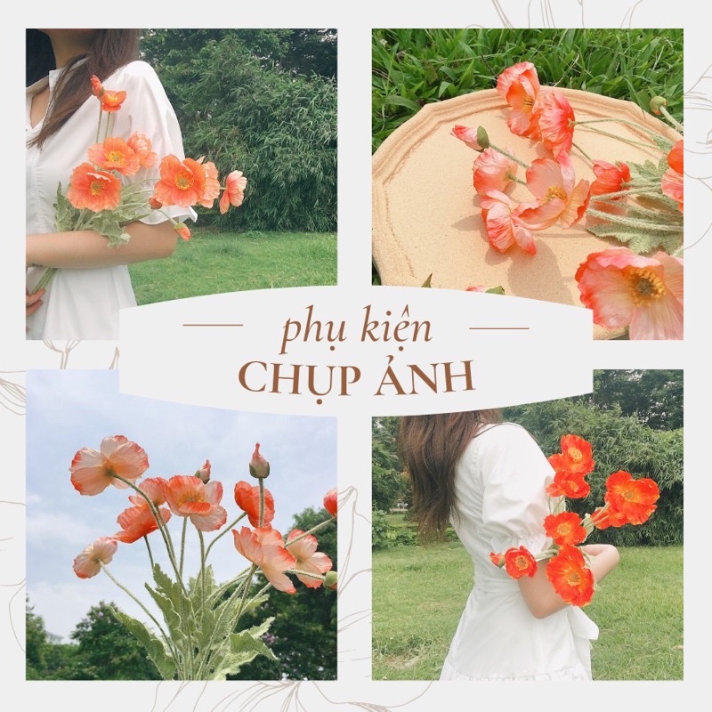 Hoa giả decor - Hoa anh túc 3 bông 1 nụ trang trí phòng để bàn chất liệu vải cao cấp thân phủ lông giống thật