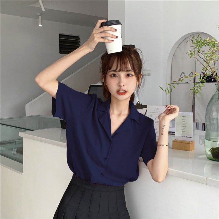 Áo sơ mi kiểu nữ công sở tay ngắn cổ vest form rộng chất lụa hàn đẹp LAVILO SM03