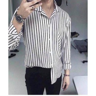 ÁO SƠ MI NAM SỌC TRẮNG ĐEN - VẢI LỤA MỊN