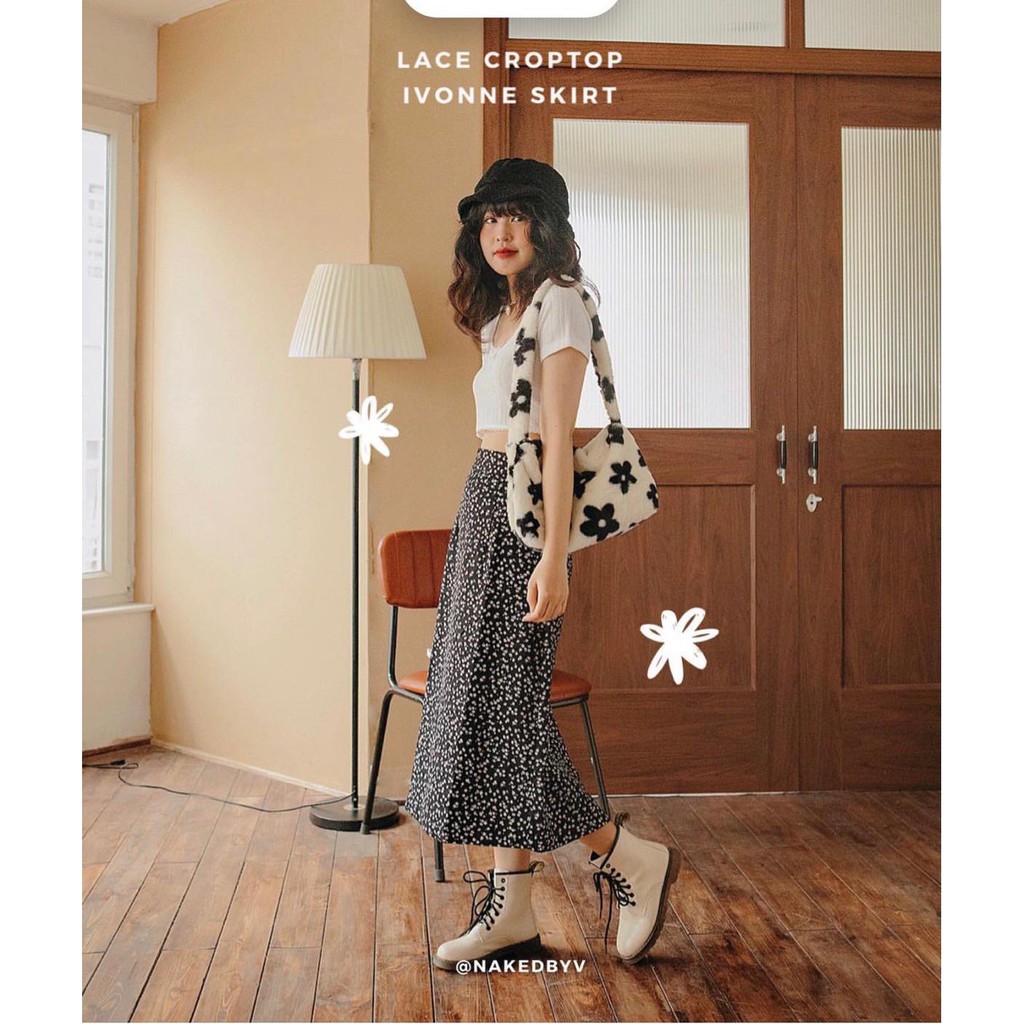SET ÁO CROPTOP TRẮNG VIỀN REN + CHÂN VÁY MIDI HOA CÚC | BigBuy360 - bigbuy360.vn
