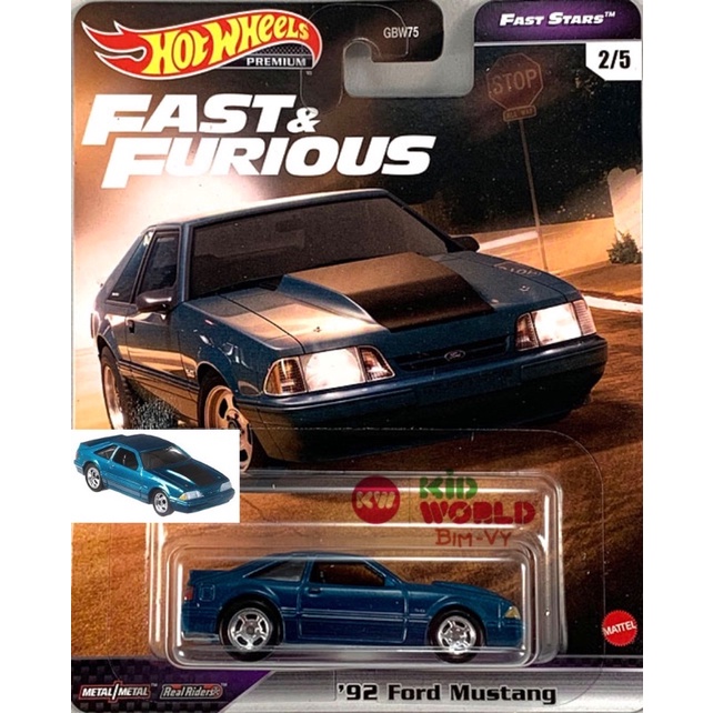 Xe mô hình Hot Wheels Car Culture Fast &amp; Furious Series Premium '92 Ford Mustang GRL72, bánh cao su.