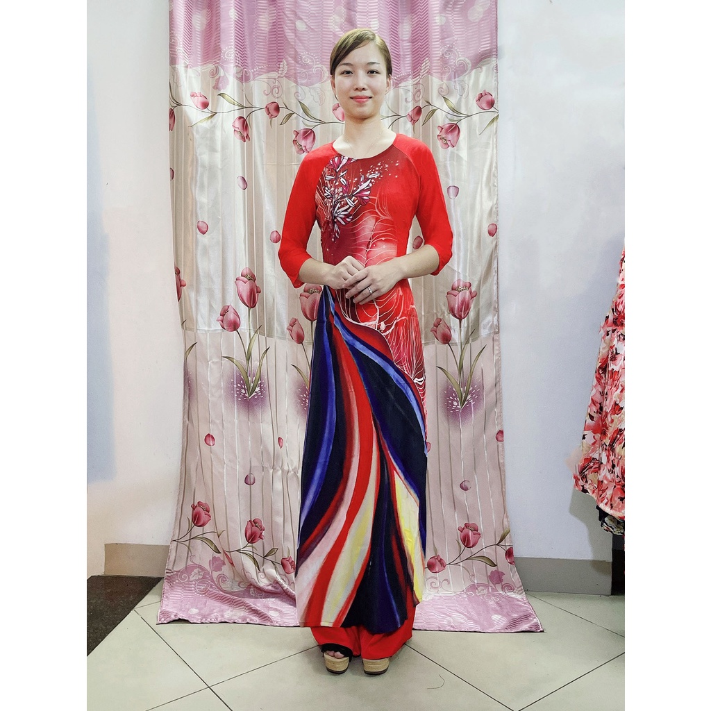 Áo dài truyền thống đẹp may sẵn mặc tết mùa lễ hội thiết kế cách tân in 3D màu đỏ - ADIN3D-Đỏ1